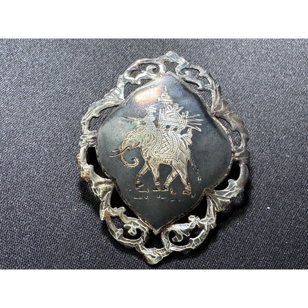 Vintage Siam Sterling 2in Brooch Nielloware Rider on Elephant